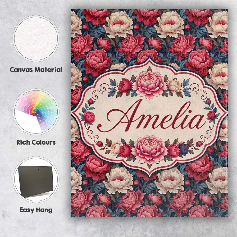 Personalised Name Rich Red and Cream Peony Custom  Unique Gift Idea Elegant Feature Canvas Wall Art Print Decor Picture Ready to Hang