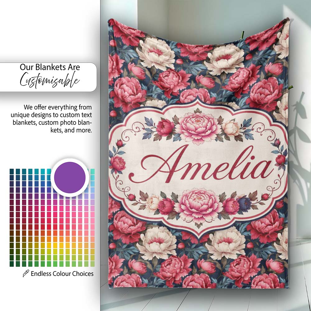 Rich Red and Cream Peony Flowers on Dark Navy Background Seamless  Personalised Custom Name Super Soft Fleece Blanket Bed Sofa Throw