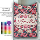 Rich Red and Cream Peony Flowers on Dark Navy Background Seamless  Personalised Custom Name Super Soft Fleece Blanket Bed Sofa Throw