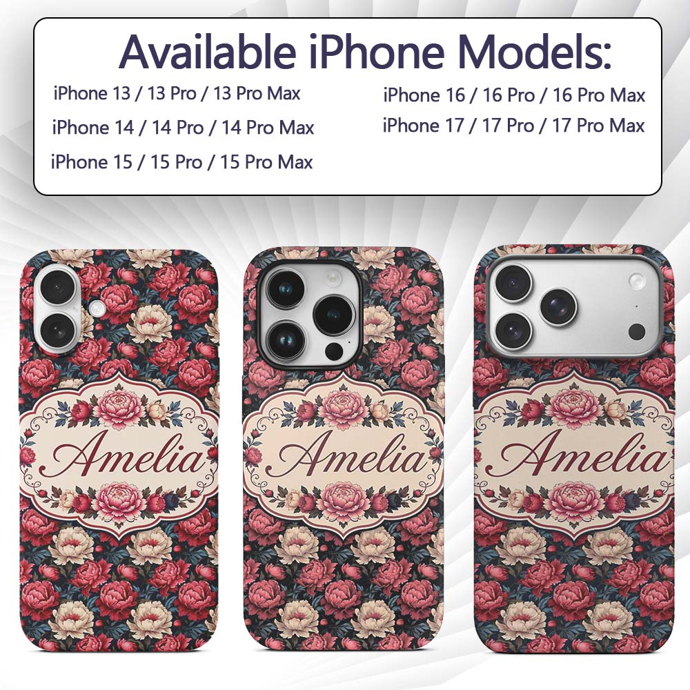 Rich Red and Cream Peony Flowers on Dark Navy Custom Name Protective Phone Case Mobile Cover Durable Everyday Smartphone Shock Resistant