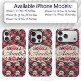Rich Red and Cream Peony Flowers on Dark Navy Custom Name Protective Phone Case Mobile Cover Durable Everyday Smartphone Shock Resistant