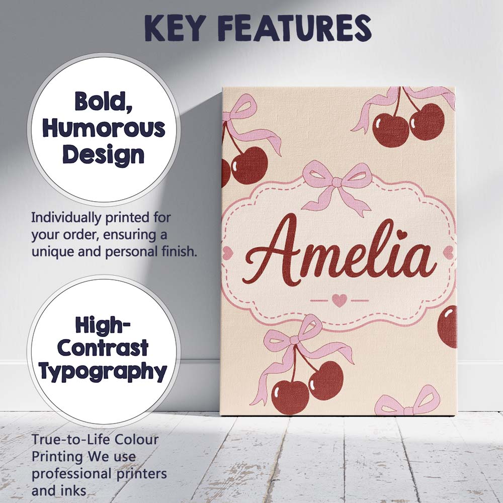 Personalised Name Cherry Bow Ribbon Cute Warm Beige Neutral Background Custom Decorative Canvas Wall Art Print Decor Picture Ready to Hang