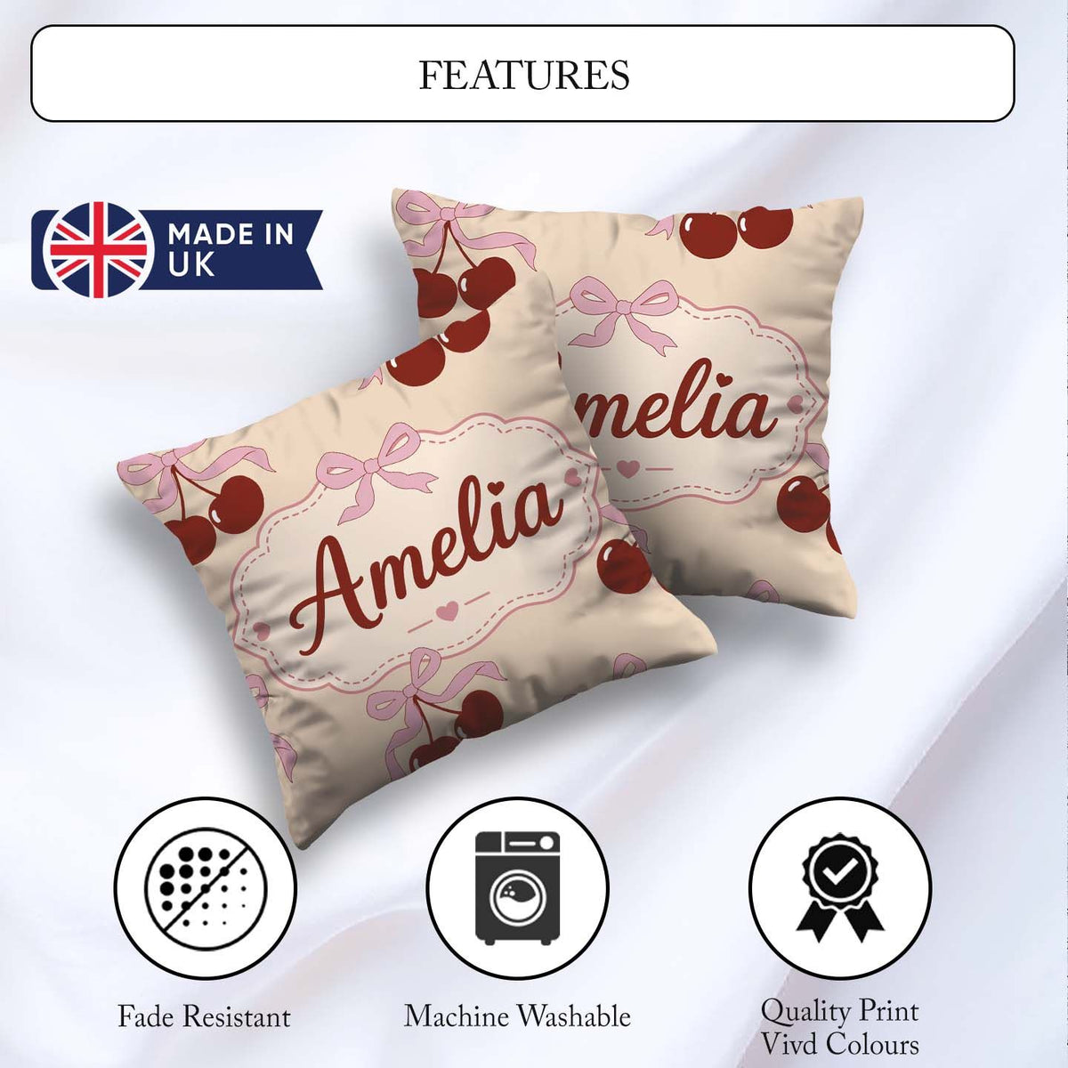 Custom Name Cherry Bow Ribbon Cute Warm Beige Neutral Background Square Filled Cushion Throw Pillow Sofa Bed Home Decor Zip Washable UK Made