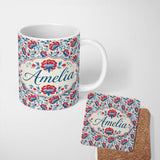 Personalized Custom Name Vintage Red and Blue Floral Blossom with Soft Beige Background 11oz Ceramic Coffee Tea Mug White Large Handle