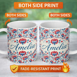 Personalized Custom Name Vintage Red and Blue Floral Blossom with Soft Beige Background 11oz Ceramic Coffee Tea Mug White Large Handle