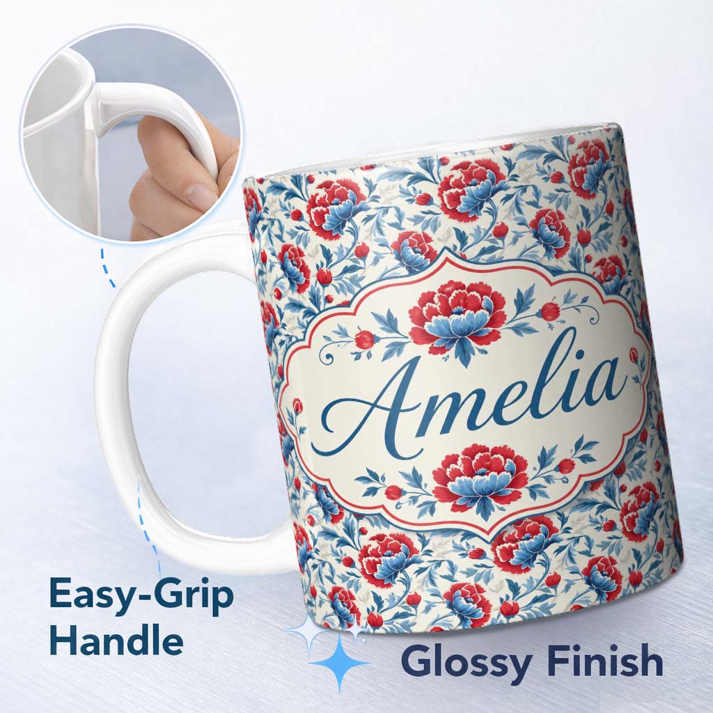 Personalized Custom Name Vintage Red and Blue Floral Blossom with Soft Beige Background 11oz Ceramic Coffee Tea Mug White Large Handle