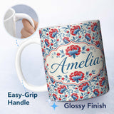 Personalized Custom Name Vintage Red and Blue Floral Blossom with Soft Beige Background 11oz Ceramic Coffee Tea Mug White Large Handle
