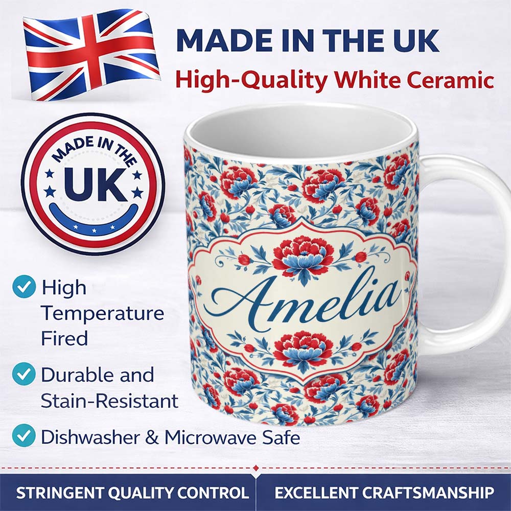 Personalized Custom Name Vintage Red and Blue Floral Blossom with Soft Beige Background 11oz Ceramic Coffee Tea Mug White Large Handle