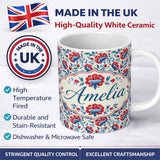 Personalized Custom Name Vintage Red and Blue Floral Blossom with Soft Beige Background 11oz Ceramic Coffee Tea Mug White Large Handle