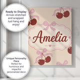 Personalised Name Cherry Bow Ribbon Cute Warm Beige Neutral Background Custom Decorative Canvas Wall Art Print Decor Picture Ready to Hang