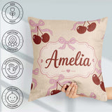 Custom Name Cherry Bow Ribbon Cute Warm Beige Neutral Background Square Filled Cushion Throw Pillow Sofa Bed Home Decor Zip Washable UK Made