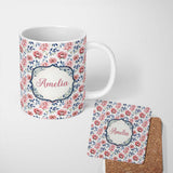 Personalized Custom Name Soft Pink Watercolor Peony Flowers with Blue Leaves Seamless 11oz Ceramic Coffee Tea Mug White Large Handle