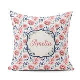 Custom Name Soft Pink Watercolor Peony with Blue Leaves Seamless Square Filled Cushion Throw Pillow Sofa Bed Home Decor Zip Washable UK Made