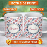 Personalized Custom Name Soft Pink Watercolor Peony Flowers with Blue Leaves Seamless 11oz Ceramic Coffee Tea Mug White Large Handle