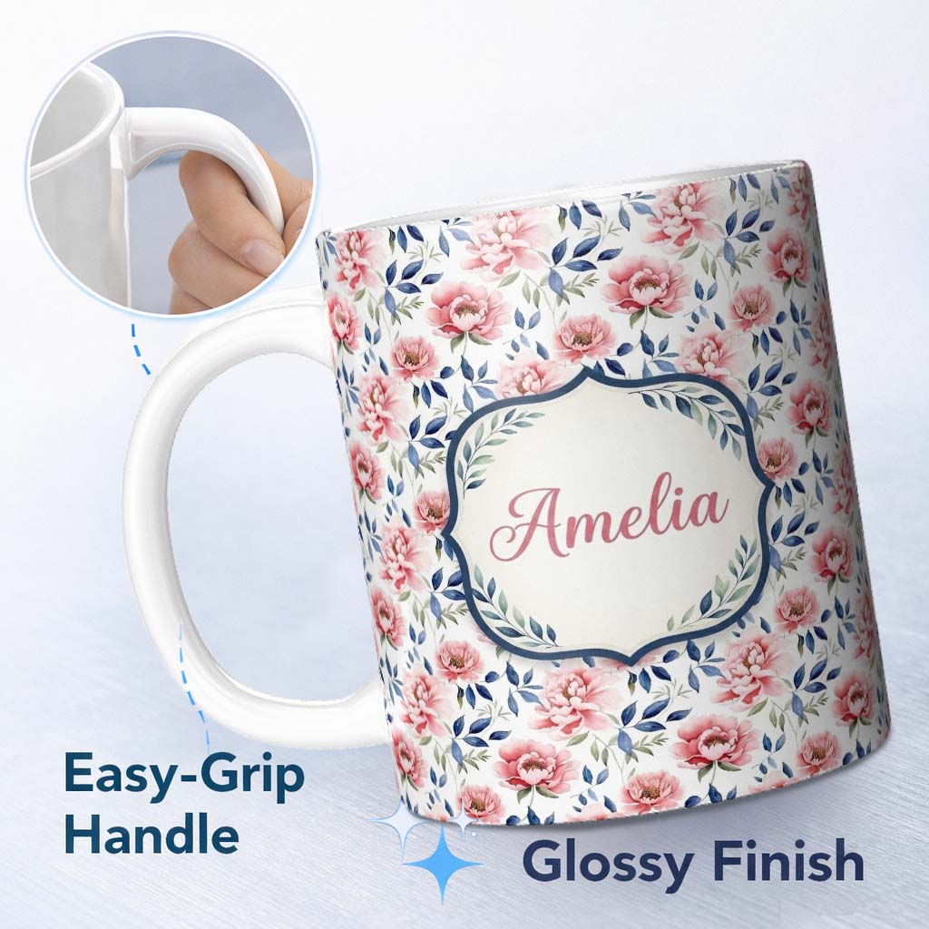 Personalized Custom Name Soft Pink Watercolor Peony Flowers with Blue Leaves Seamless 11oz Ceramic Coffee Tea Mug White Large Handle