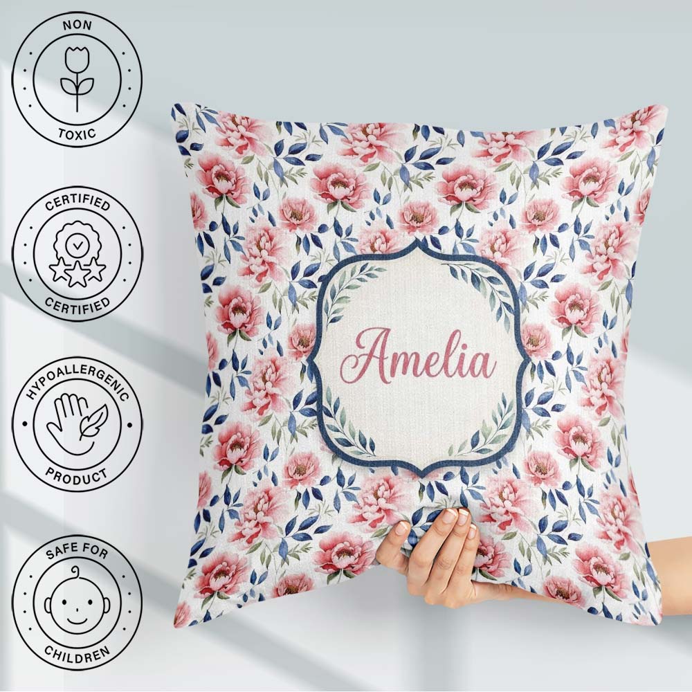 Custom Name Soft Pink Watercolor Peony with Blue Leaves Seamless Square Filled Cushion Throw Pillow Sofa Bed Home Decor Zip Washable UK Made