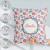 Custom Name Soft Pink Watercolor Peony with Blue Leaves Seamless Square Filled Cushion Throw Pillow Sofa Bed Home Decor Zip Washable UK Made