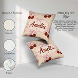 Custom Name Cherry Bow Ribbon Cute Warm Beige Neutral Background Square Filled Cushion Throw Pillow Sofa Bed Home Decor Zip Washable UK Made