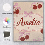 Personalised Name Cherry Bow Ribbon Cute Warm Beige Neutral Background Custom Decorative Canvas Wall Art Print Decor Picture Ready to Hang