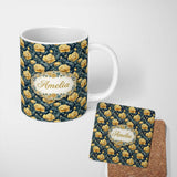 Personalized Custom Name Golden Yellow Peony Flowers on Deep Blue Background Seamless 11oz Ceramic Coffee Tea Mug White Large Handle