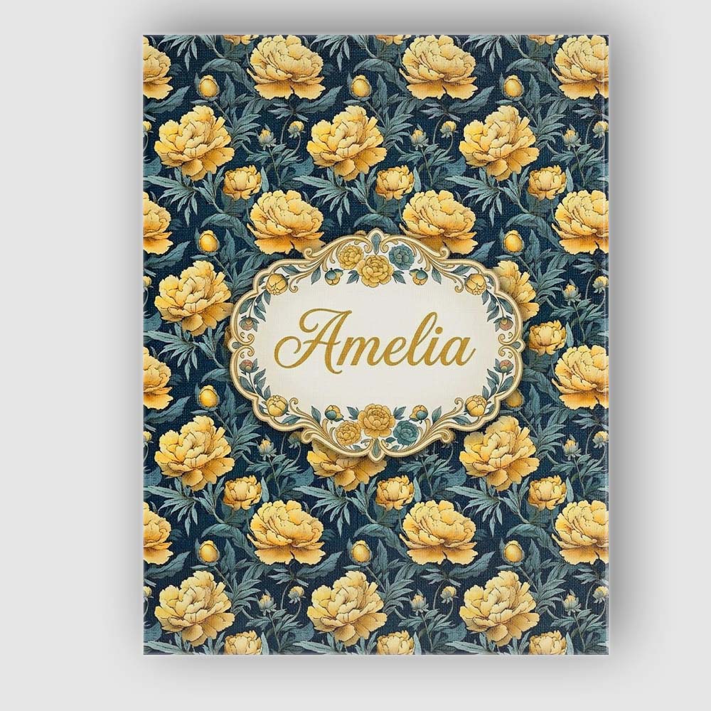 Personalised Name Golden Yellow Peony Custom Modern Room Accent Creative Decorator Style Canvas Wall Art Print Decor Picture Ready to Hang