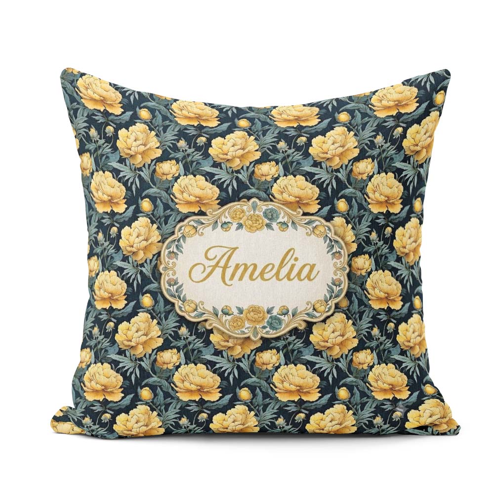 Custom Name Golden Yellow Peony on Deep Blue Background Seamless Square Filled Cushion Throw Pillow Sofa Bed Home Decor Zip Washable UK Made