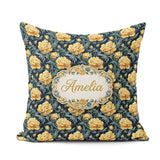 Custom Name Golden Yellow Peony on Deep Blue Background Seamless Square Filled Cushion Throw Pillow Sofa Bed Home Decor Zip Washable UK Made