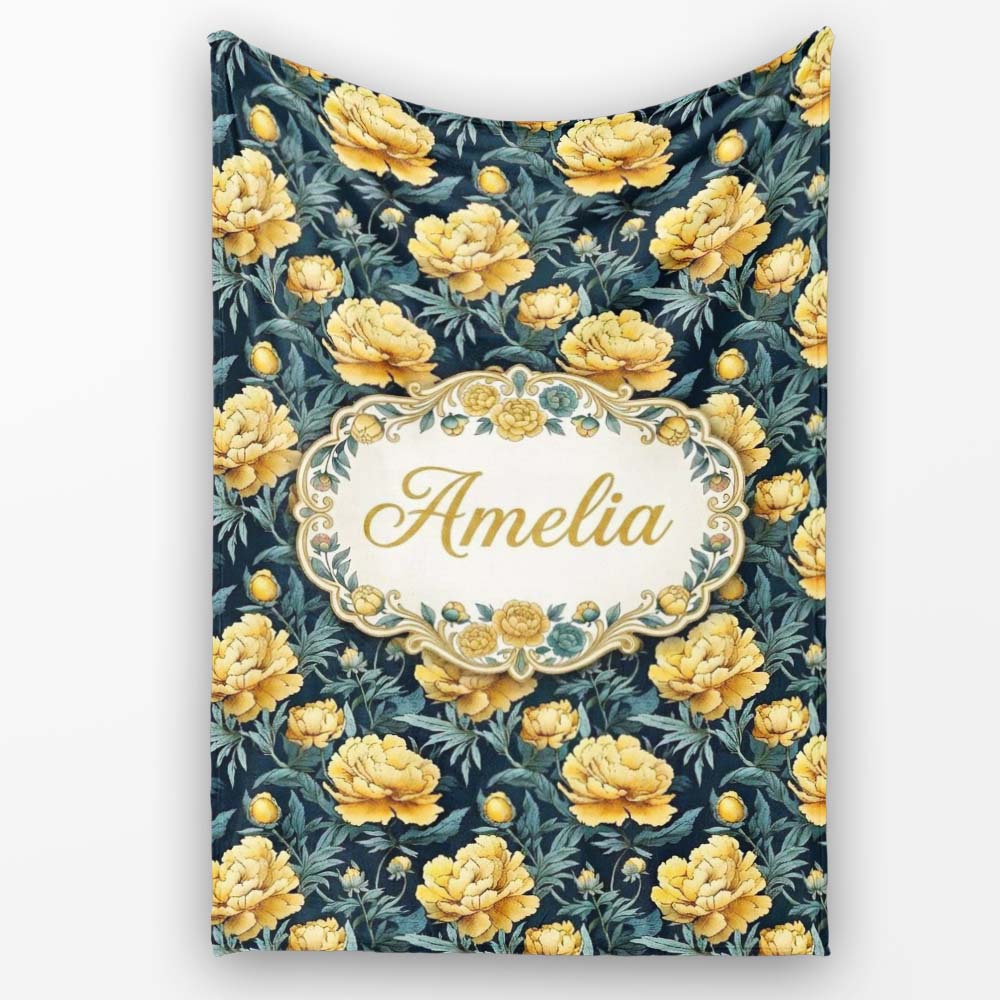 Golden Yellow Peony Flowers on Deep Blue Background Seamless  Personalised Custom Name Super Soft Fleece Blanket Bed Sofa Throw