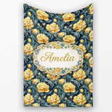 Golden Yellow Peony Flowers on Deep Blue Background Seamless  Personalised Custom Name Super Soft Fleece Blanket Bed Sofa Throw