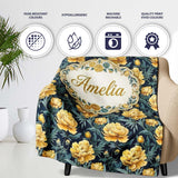 Golden Yellow Peony Flowers on Deep Blue Background Seamless  Personalised Custom Name Super Soft Fleece Blanket Bed Sofa Throw
