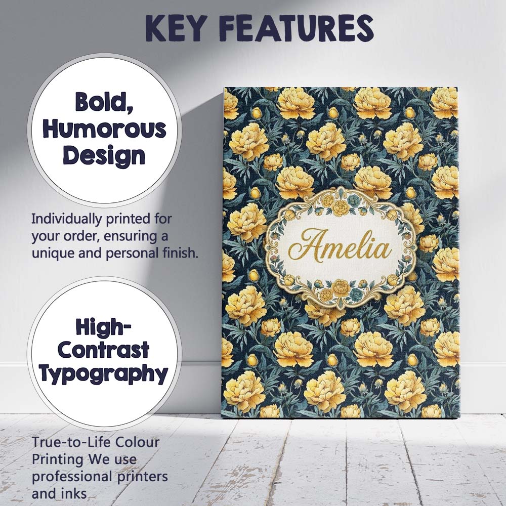 Personalised Name Golden Yellow Peony Custom Modern Room Accent Creative Decorator Style Canvas Wall Art Print Decor Picture Ready to Hang