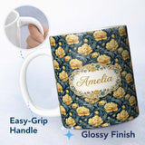 Personalized Custom Name Golden Yellow Peony Flowers on Deep Blue Background Seamless 11oz Ceramic Coffee Tea Mug White Large Handle