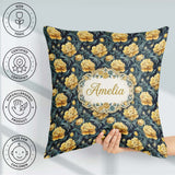 Custom Name Golden Yellow Peony on Deep Blue Background Seamless Square Filled Cushion Throw Pillow Sofa Bed Home Decor Zip Washable UK Made