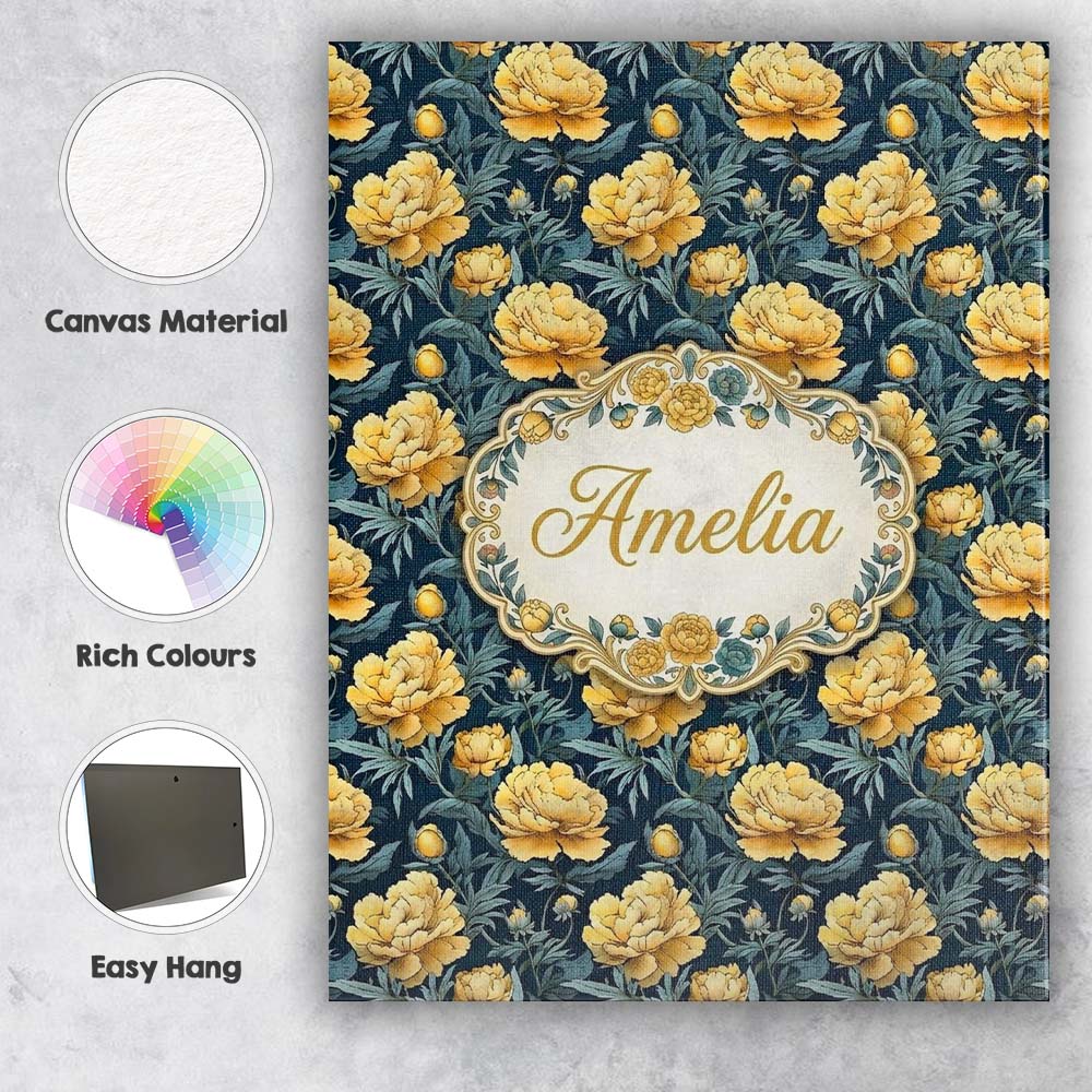 Personalised Name Golden Yellow Peony Custom Modern Room Accent Creative Decorator Style Canvas Wall Art Print Decor Picture Ready to Hang