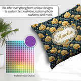 Custom Name Golden Yellow Peony on Deep Blue Background Seamless Square Filled Cushion Throw Pillow Sofa Bed Home Decor Zip Washable UK Made