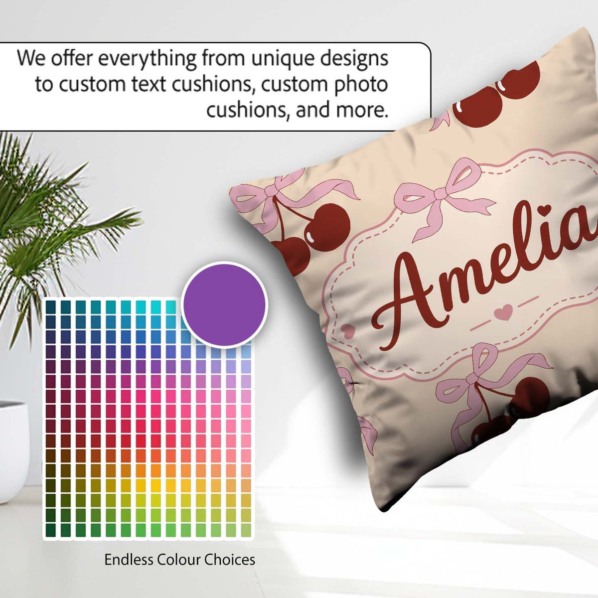 Custom Name Cherry Bow Ribbon Cute Warm Beige Neutral Background Square Filled Cushion Throw Pillow Sofa Bed Home Decor Zip Washable UK Made