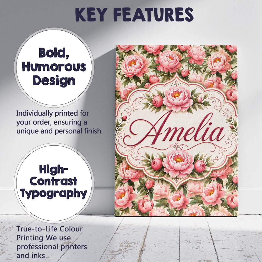 Personalised Name Blush Pink Peony Flowers Custom  Unique Gift Idea Elegant Feature Canvas Wall Art Print Decor Picture Ready to Hang