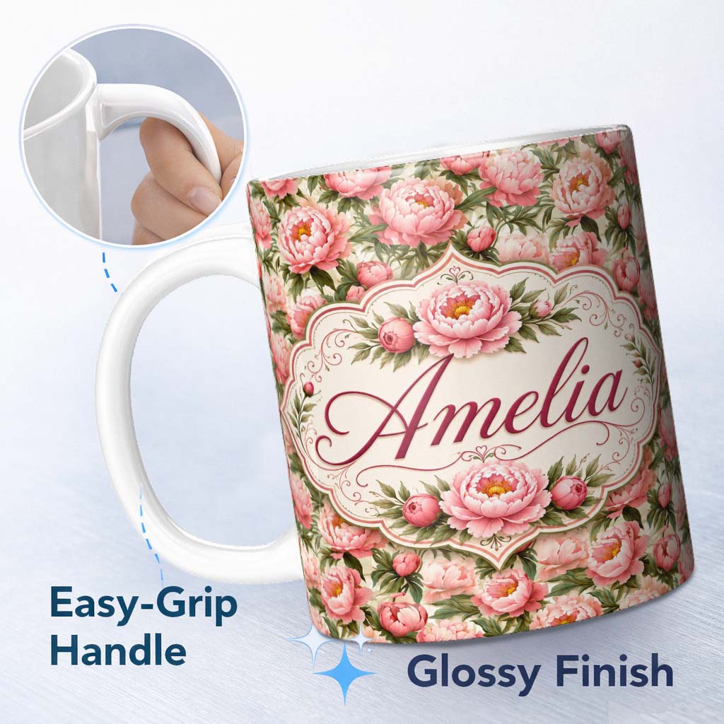 Personalized Custom Name Blush Pink Peony Flowers with Green Leaves Elegant Seamless Pattern 11oz Ceramic Coffee Tea Mug White Large Handle