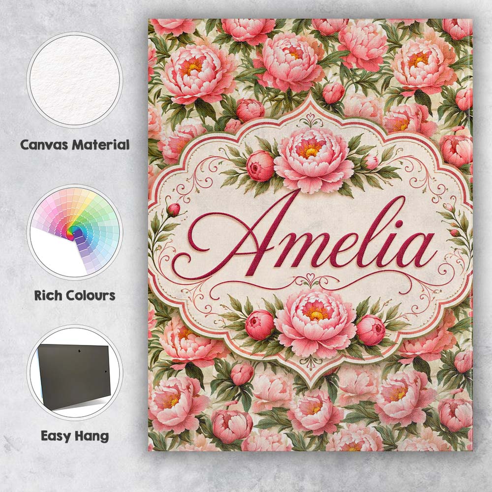 Personalised Name Blush Pink Peony Flowers Custom  Unique Gift Idea Elegant Feature Canvas Wall Art Print Decor Picture Ready to Hang