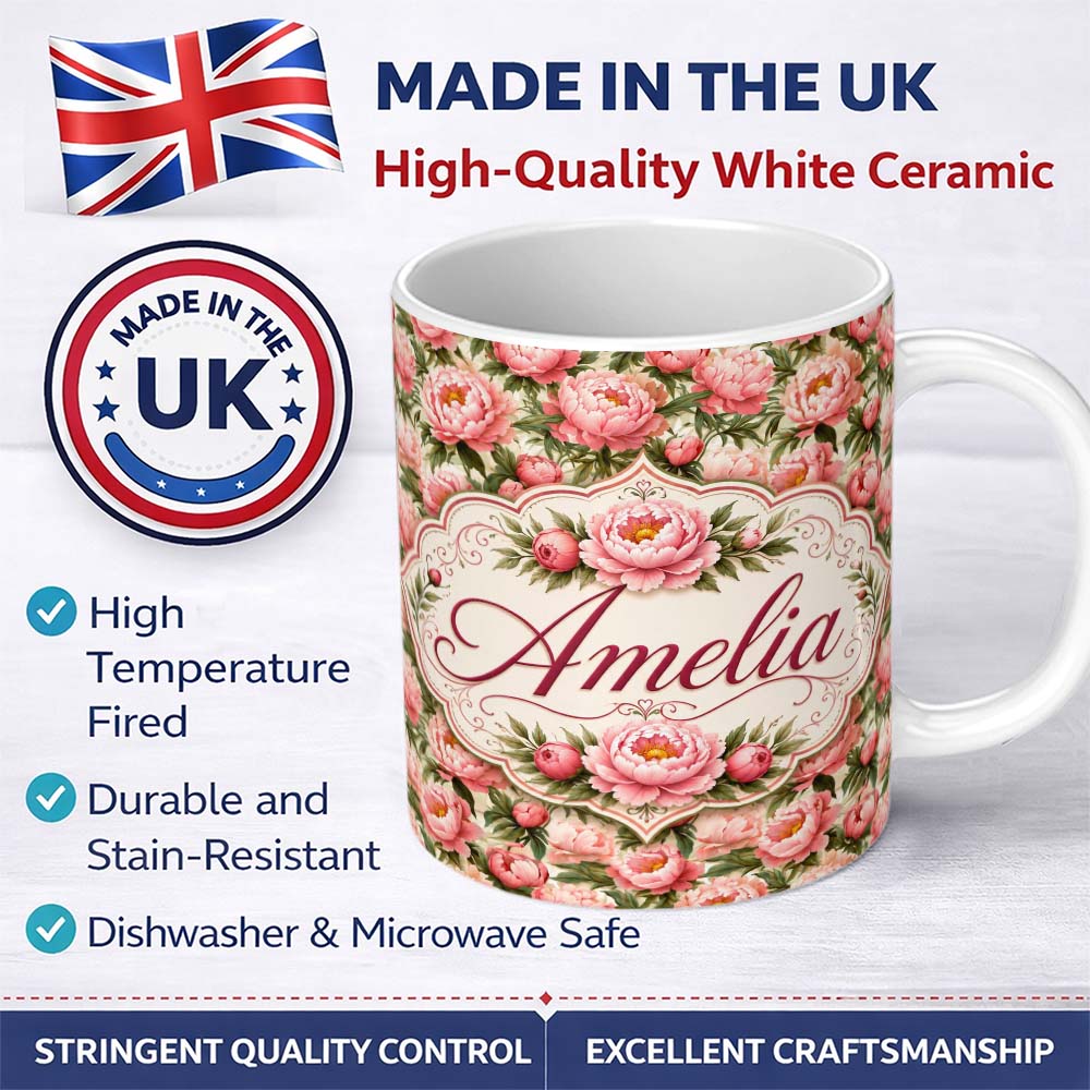 Personalized Custom Name Blush Pink Peony Flowers with Green Leaves Elegant Seamless Pattern 11oz Ceramic Coffee Tea Mug White Large Handle