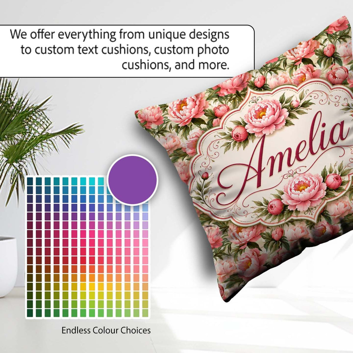 Custom Name Blush Pink Peony Flowers with Green Elegant Seamless Square Filled Cushion Throw Pillow Sofa Bed Home Decor Zip Washable UK Made