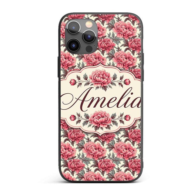 Classic Pink Peony Blooms with Sage Green Leaves Custom Name Protective Phone Case Mobile Cover Durable Everyday Smartphone Shock Resistant