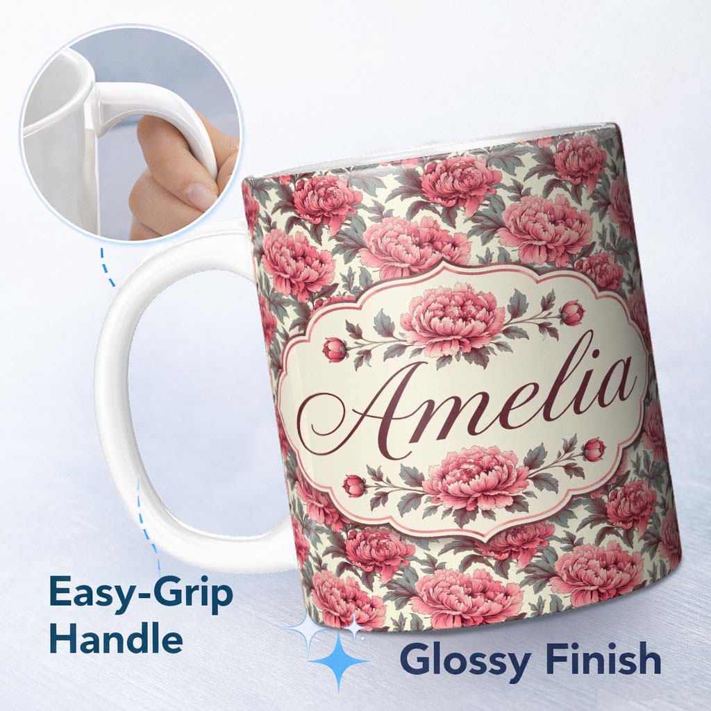 Personalized Custom Name Classic Pink Peony Blooms with Sage Green Leaves Seamless Pattern 11oz Ceramic Coffee Tea Mug White Large Handle