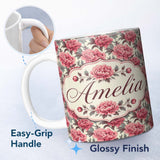Personalized Custom Name Classic Pink Peony Blooms with Sage Green Leaves Seamless Pattern 11oz Ceramic Coffee Tea Mug White Large Handle