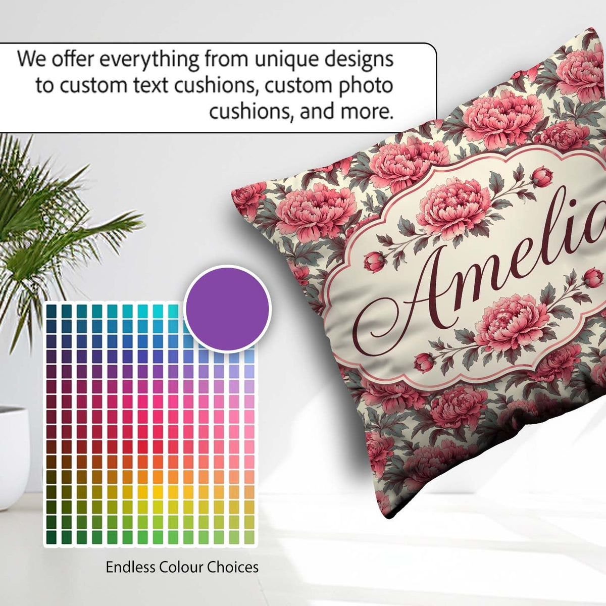 Custom Name Classic Pink Peony Blooms with Green Leaves Seamless Square Filled Cushion Throw Pillow Sofa Bed Home Decor Zip Washable UK Made