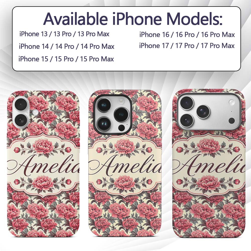 Classic Pink Peony Blooms with Sage Green Leaves Custom Name Protective Phone Case Mobile Cover Durable Everyday Smartphone Shock Resistant