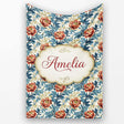 Red Floral Blossoms with Blue Leaves Vintage Style Seamless Pattern  Personalised Custom Name Super Soft Fleece Blanket Bed Sofa Throw