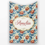 Red Floral Blossoms with Blue Leaves Vintage Style Seamless Pattern  Personalised Custom Name Super Soft Fleece Blanket Bed Sofa Throw