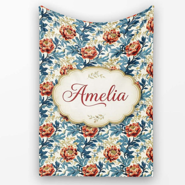 Red Floral Blossoms with Blue Leaves Vintage Style Seamless Pattern  Personalised Custom Name Super Soft Fleece Blanket Bed Sofa Throw