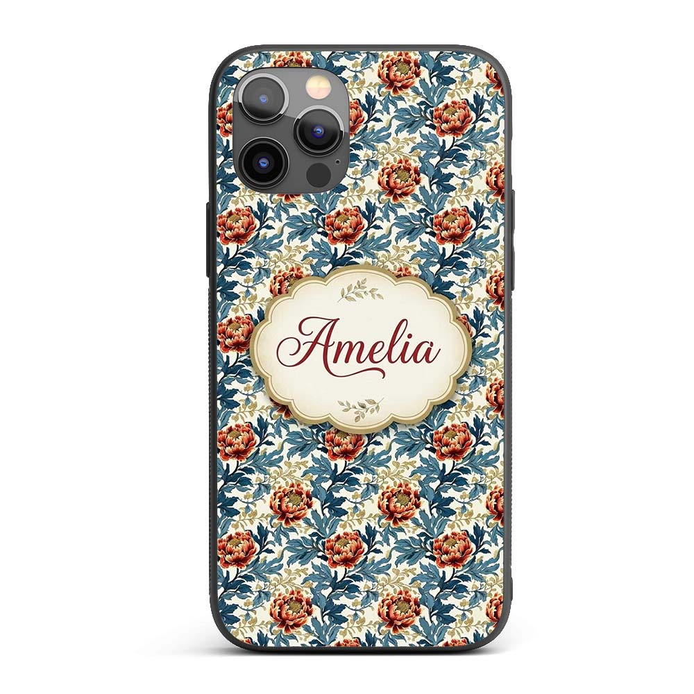 Red Floral Blossoms with Blue Leaves Vintage Custom Name Protective Phone Case Mobile Cover Durable Everyday Smartphone Shock Resistant